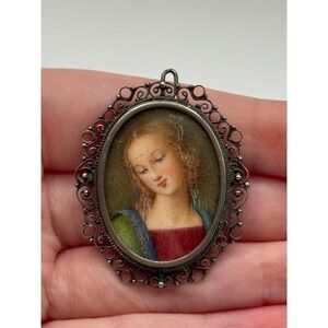 Vintage 800 Silver Painted Miniature Portrait Woman Brooch Pendant